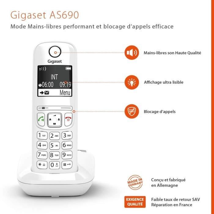 Gigaset AS690 Trio Cordless Phone - White - 100 Contacts - Hands-free