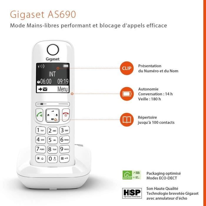 Gigaset AS690 Trio Cordless Phone - White - 100 Contacts - Hands-free