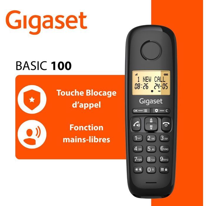 Téléphone fixe - GIGASET - Basic 100A TRIO - Répondeur - Mains libres - Ecran rétroéclairé - Répertoire 50 contacts - Blocage - Noir