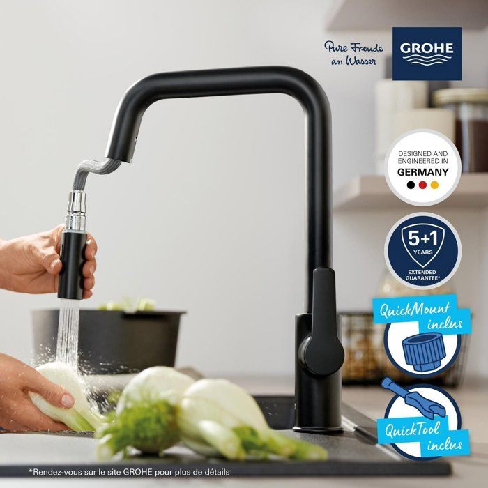 GROHE Start Kitchen Tap - Matte Black - Pull-Out Spray - 2 Spray Patterns