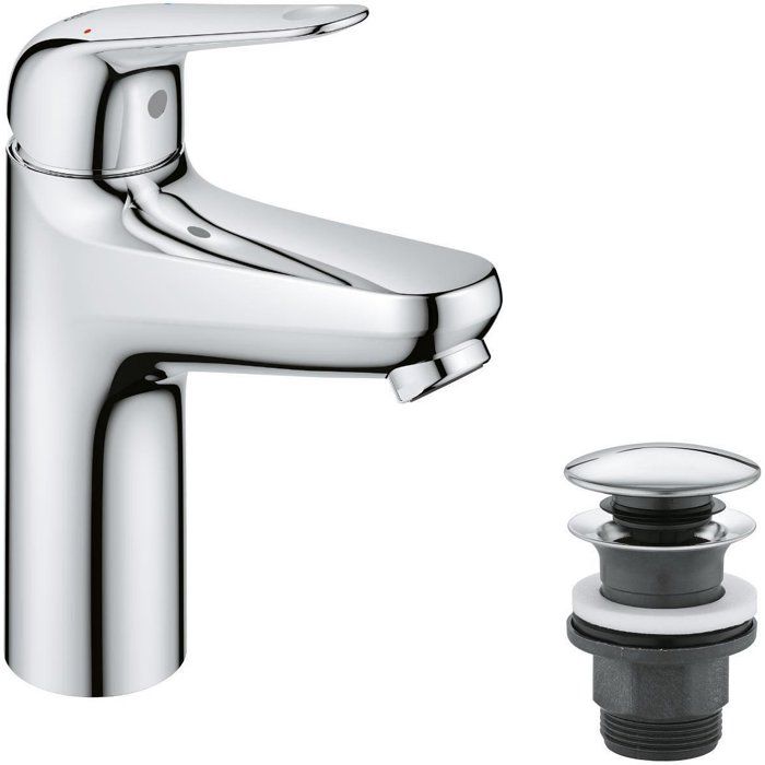 GROHE Swift - Single-Lever Basin Mixer Tap - 24326001 - Chrome - Size M - Water Saving - Click-Clack Waste