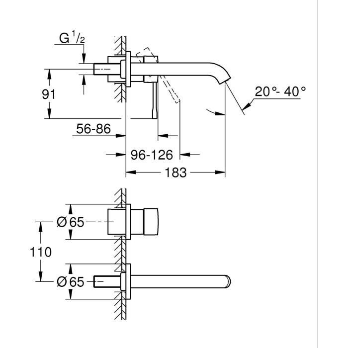 GROHE Wall-mounted Basin Mixer Tap - Essence - 2 Holes - Size M - Hard Graphite Finish