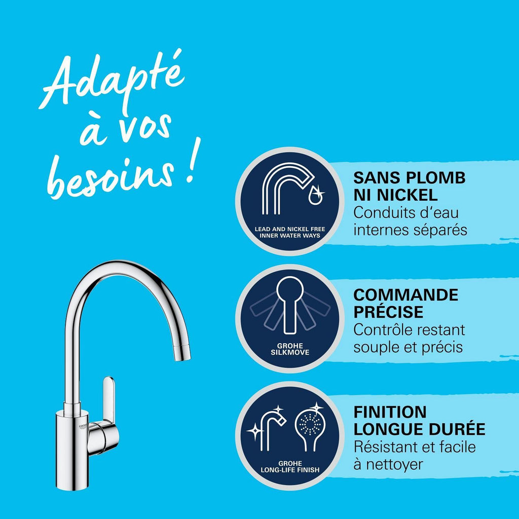 GROHE Get Kitchen Mixer Tap, Chrome, C-Shaped Spout, High Spout, 150° Swivel