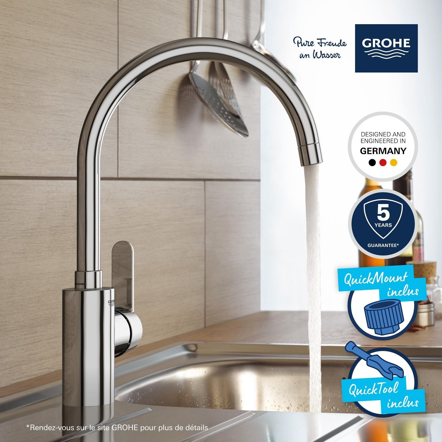 GROHE Get Kitchen Mixer Tap, Chrome, C-Shaped Spout, High Spout, 150° Swivel