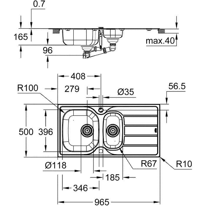 GROHE Sink - Stainless Steel - Surface-Mounted - 965 x 500 mm - K200