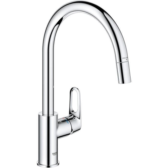 GROHE Start Flow Kitchen Tap - Chrome - High C-shaped Spout - Pull-Out Aerator - 360° Swivel