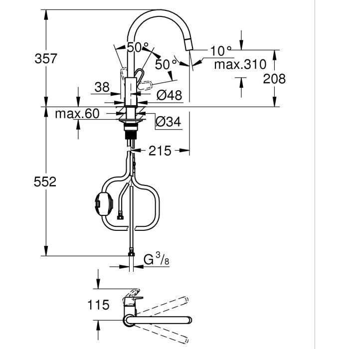 GROHE Start Flow Kitchen Tap - Chrome - High C-shaped Spout - Pull-Out Aerator - 360° Swivel