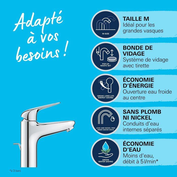 GROHE Single-lever Basin Mixer Tap - Swift - Chrome - Medium Size - Cold Water Start - Water Saving