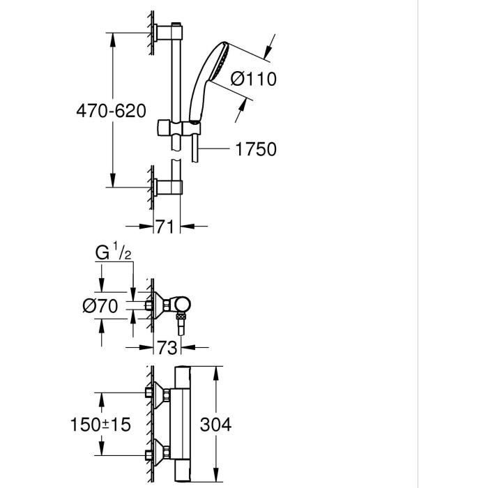 GROHE Shower Set with Thermostatic Mixer Single-Spray Head 60 cm Bar 1.75 m Hose - Model 34597001