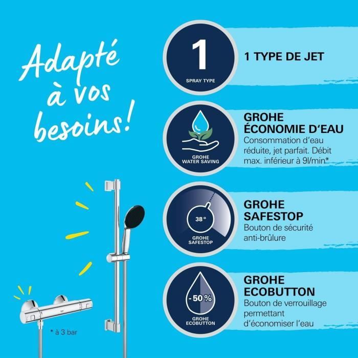 GROHE Shower Set with Thermostatic Mixer Single-Spray Head 60 cm Bar 1.75 m Hose - Model 34597001