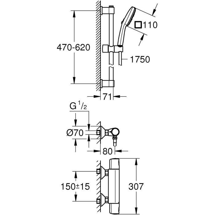 GROHE Shower Set with Thermostatic Mixer 3-Jet Head 60 cm Bar 1.75 m Hose - Model 34237003