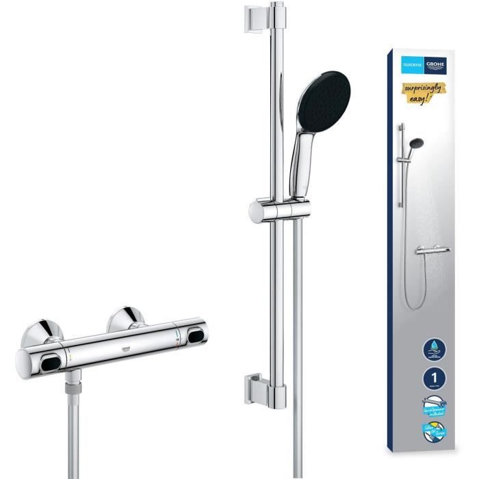 GROHE Shower Set with Thermostatic Mixer, Single-Spray Head, 60 cm Bar - 34800001 - Water Saving - Chrome