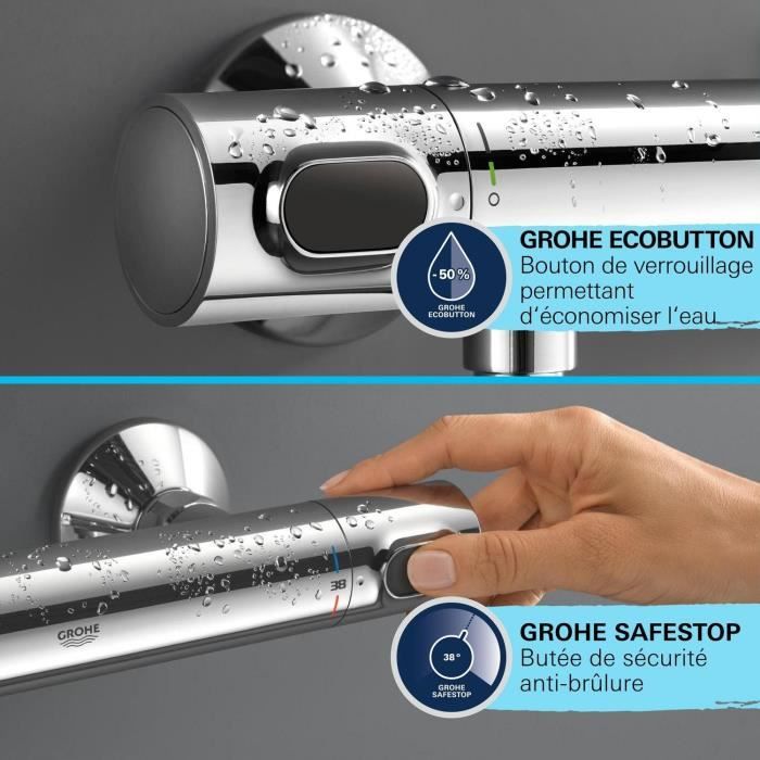 GROHE Shower Set with Thermostatic Mixer, Single-Spray Head, 60 cm Bar - 34800001 - Water Saving - Chrome