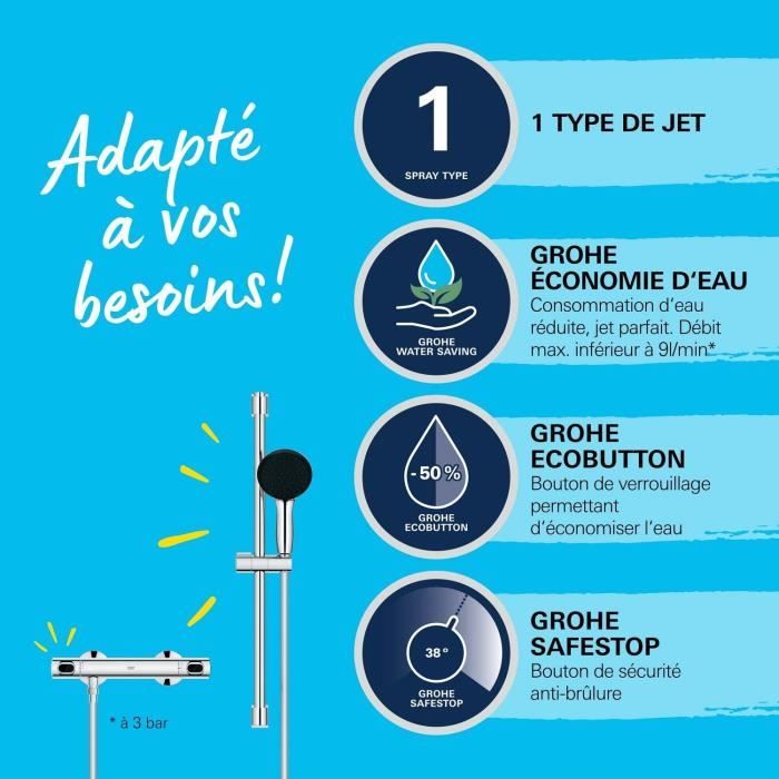 GROHE Shower Set with Thermostatic Mixer, Single-Spray Head, 60 cm Bar - 34800001 - Water Saving - Chrome