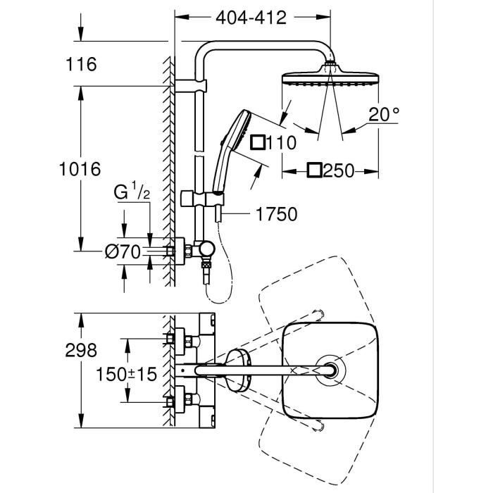 GROHE Vitalio Comfort 250 Shower Column - Thermostatic Mixer - Chrome - 26696001