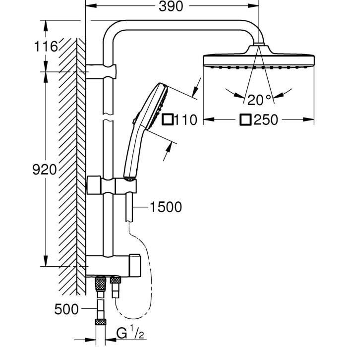 GROHE Vitalio Comfort 250 Shower Column - Manual Diverter - Chrome - 26986001