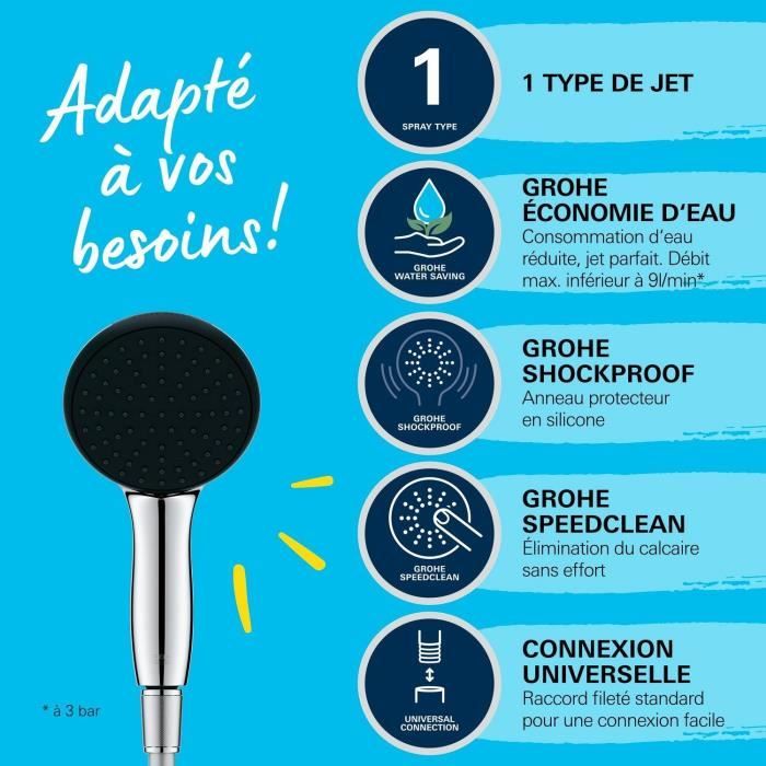 GROHE Vitalio Start 110 Flexible Hose and Single-Spray Shower Head (Rain) - 26720001 - Water Saving