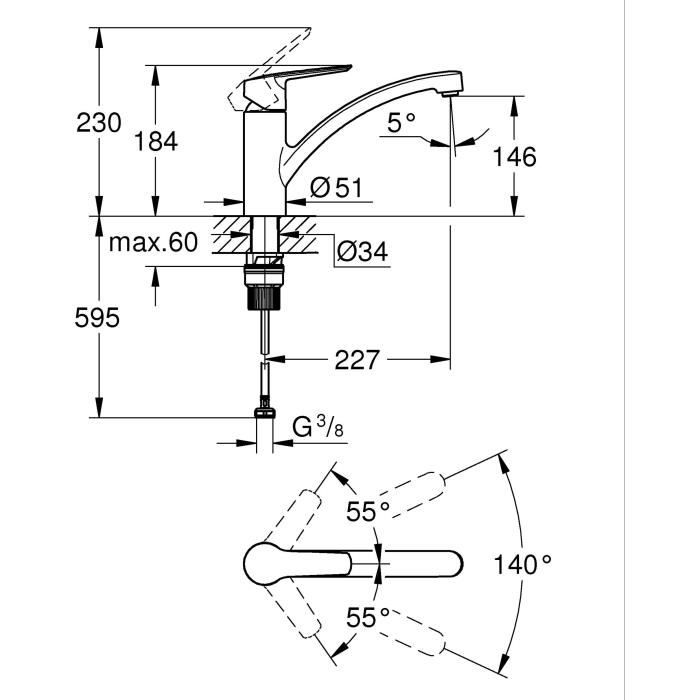 GROHE Start Kitchen Mixer Tap - Matte Black - Single-Lever - Low Spout - 140° Swivel