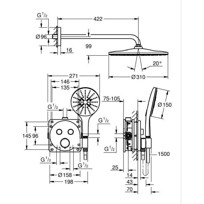 GROHE Concealed Shower Set - All Spray Patterns - Thermostatic Mixer - 34877000 - Grey