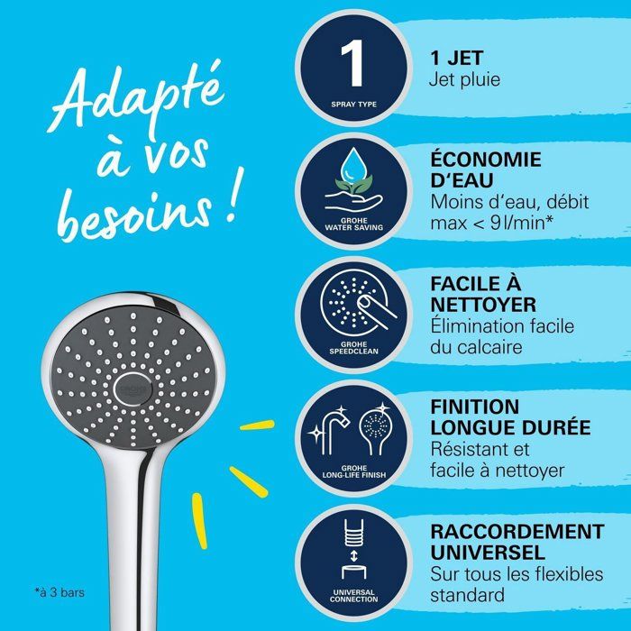 GROHE Vitalio Joy 110 Chrome 1-Jet Hand Shower - Water Saving, Double Wall, Water Heater Compatible