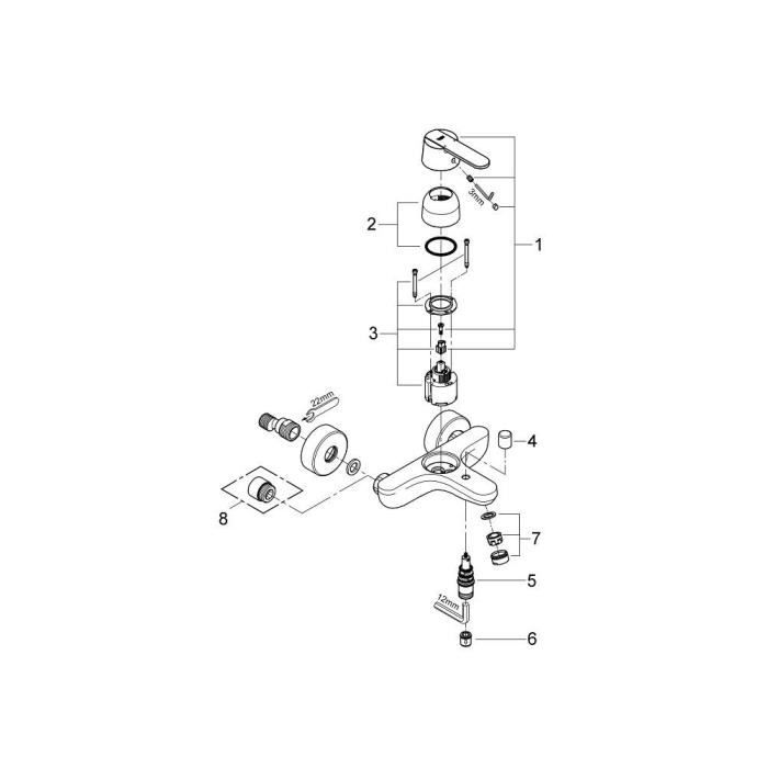 Mitigeur monocommande bain douche - GROHE - Get - Montage mural - Raccord fileté - Rosaces métal