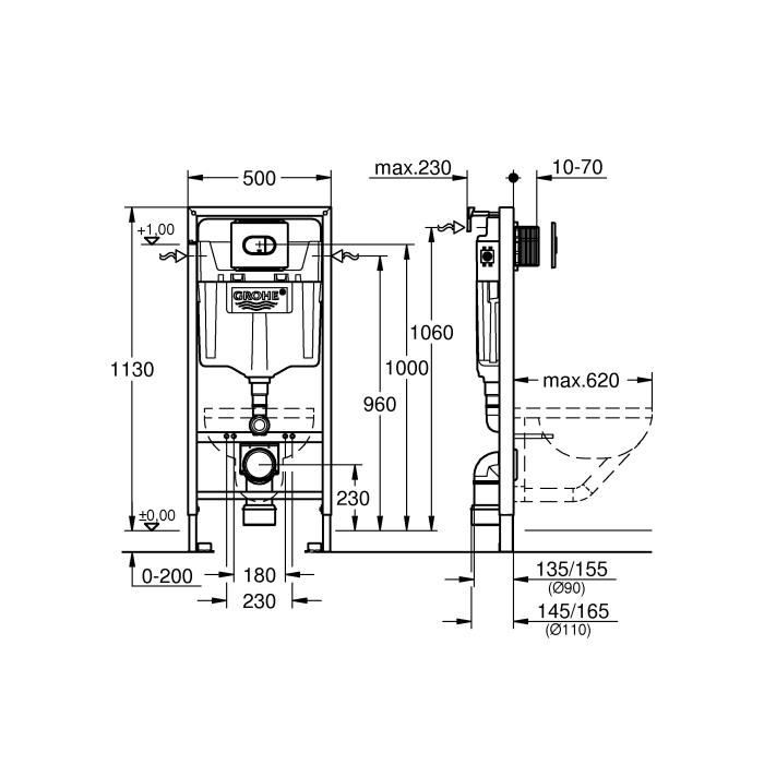 GROHE Solido 3-in-1 WC Frame, 1.20 m, Concealed Frame, Dual Button Flush Plate, 6-9 Litre Cistern