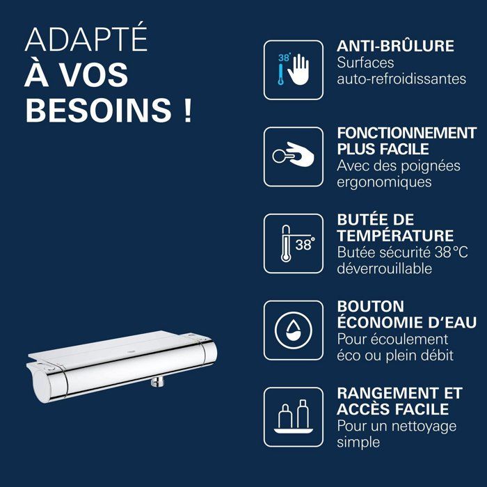 GROHE Mitigeur thermostatique douche ½ Grohtherm 2000 34469001 - Porte-savon - Limiteur de température - Economie d'eau - Chrome