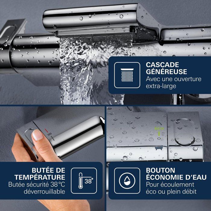GROHE Grohtherm 2000 Thermostatic Wall-Mounted Bath/Shower Mixer - Waterfall Jet - Chrome