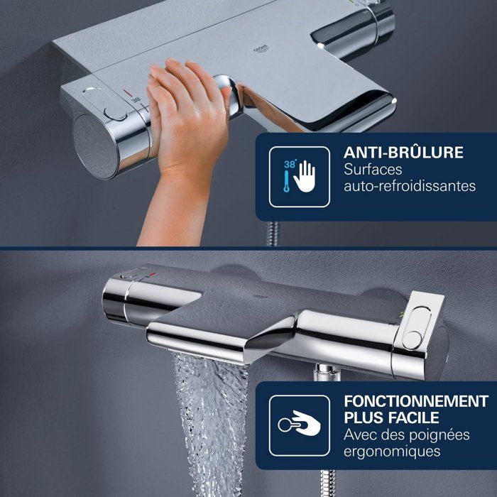GROHE Grohtherm 2000 Thermostatic Wall-Mounted Bath/Shower Mixer - Waterfall Jet - Chrome