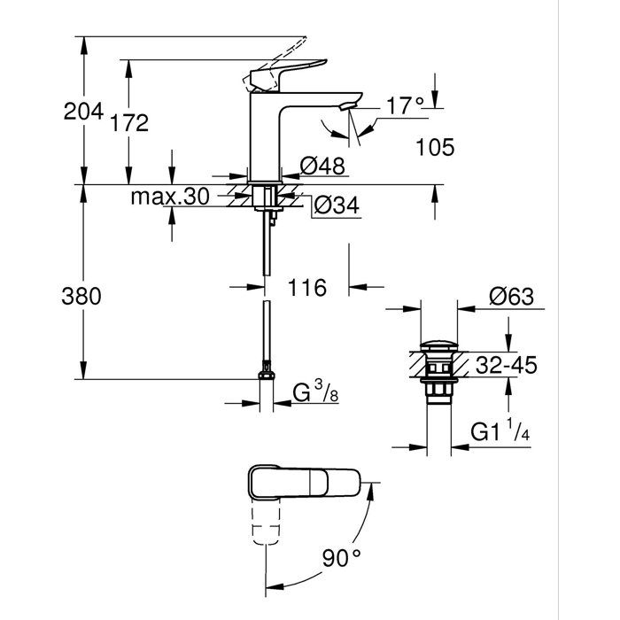 GROHE DICE Basin Mixer Tap - Size M - Ch3 Cartridge & Click-clack - Matte Black