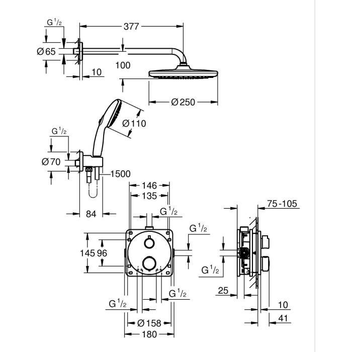 Ensemble de douche encastré - 1 + 2 jets - Mitigeur thermostatique - GROHE - 348832430 - Noir