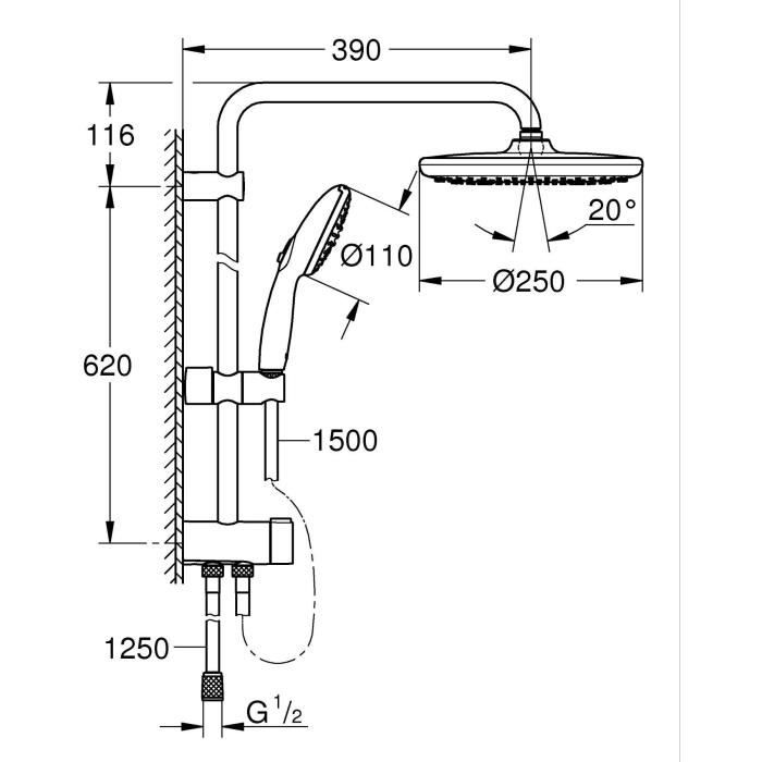 GROHE Vitalio Start System 250 Shower Column with Manual Diverter - Matte Black - 266802431