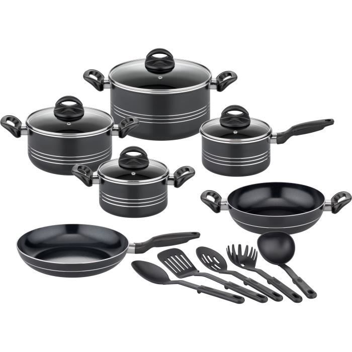 GSW MILANO NERO Cookware Set - 15 Pieces - Solid Aluminum - Induction Compatible - Black