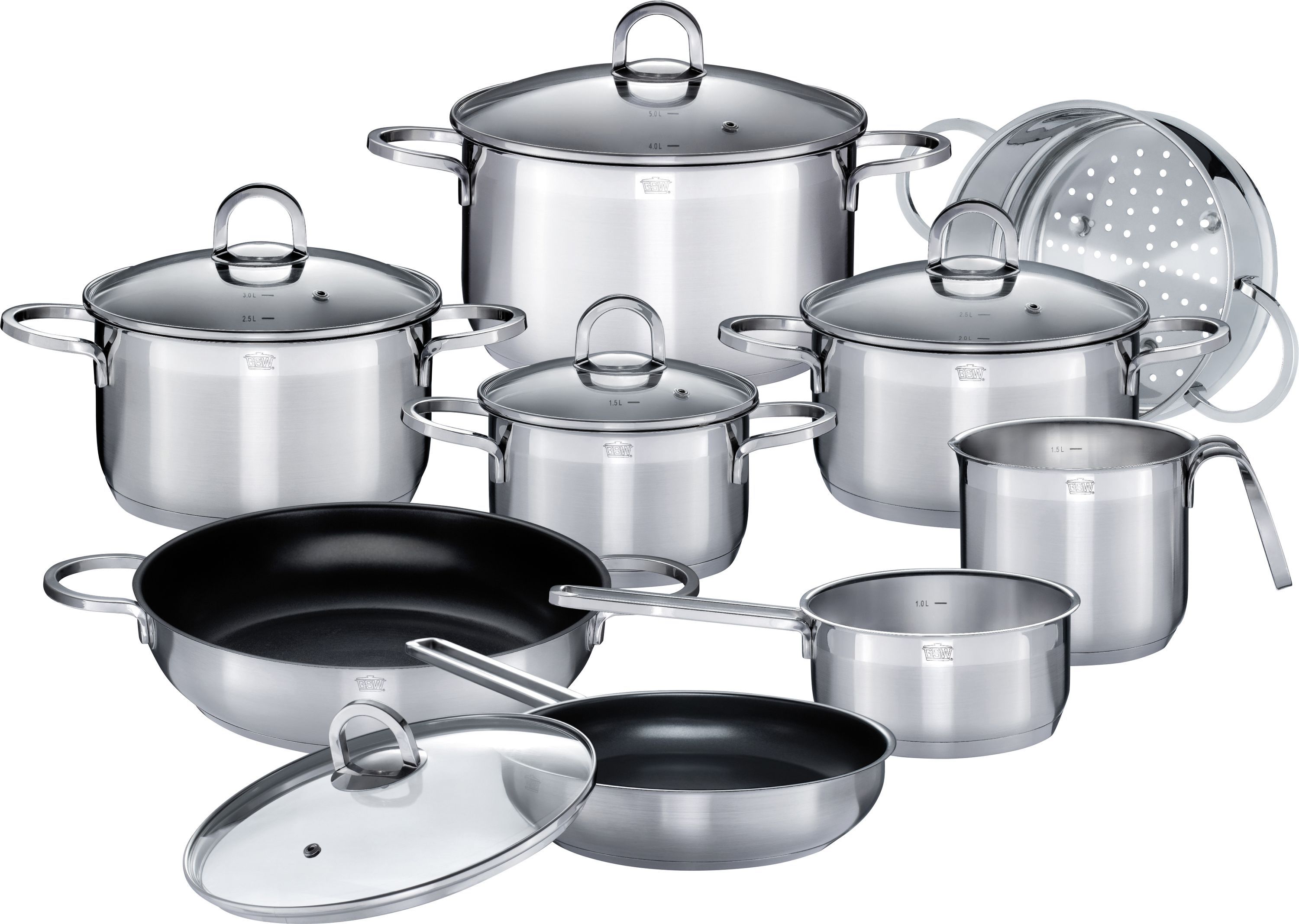 GSW ALARA Cookware Set - 14 Pieces - Solid 18/10 Stainless Steel - Induction Compatible