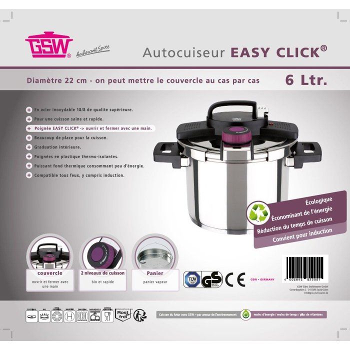 Autocuiseur - Induction - GSW - Easy Click - 6 L - Ø 22 cm - Acier massif 18/10