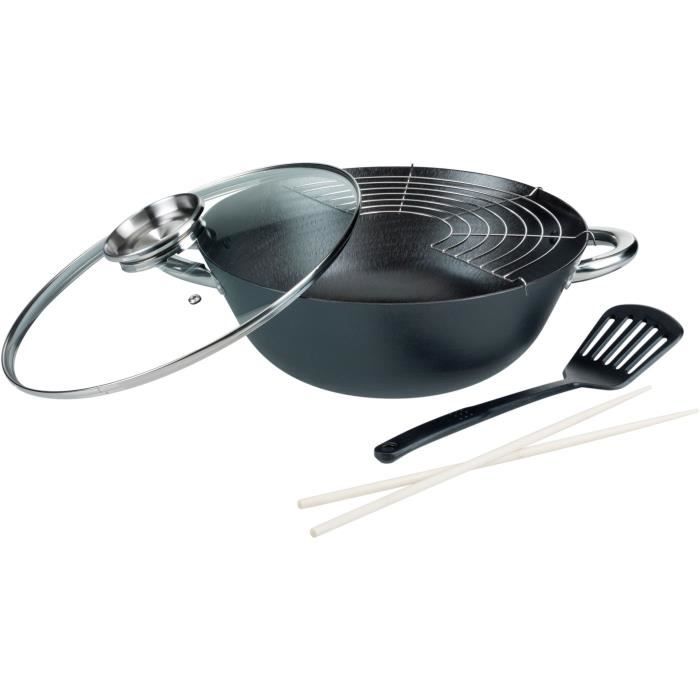 GSW Multi-function Wok Set - Cast Iron - 32 cm - Suitable for All Hobs Including Induction 5-piece