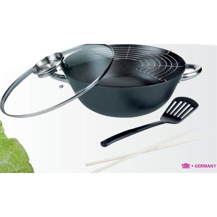 GSW Multi-function Wok Set - Cast Iron - 32 cm - Suitable for All Hobs Including Induction 5-piece