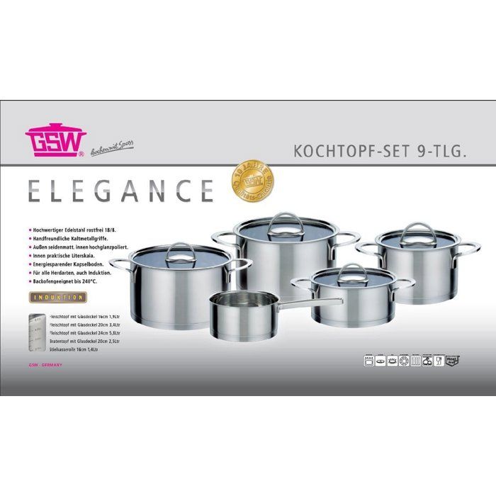 GSW Elegance Cookware Set - 9 Pieces - Stainless Steel - Induction Compatible 9-piece