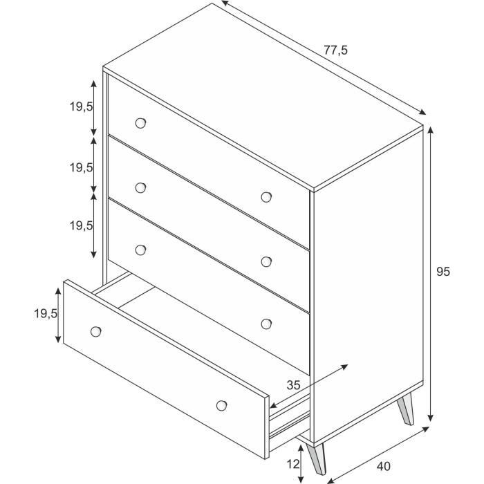 SWEET 4-Drawer Chest of Drawers - White Finish - W 77.5 x D 40 x H 95 cm