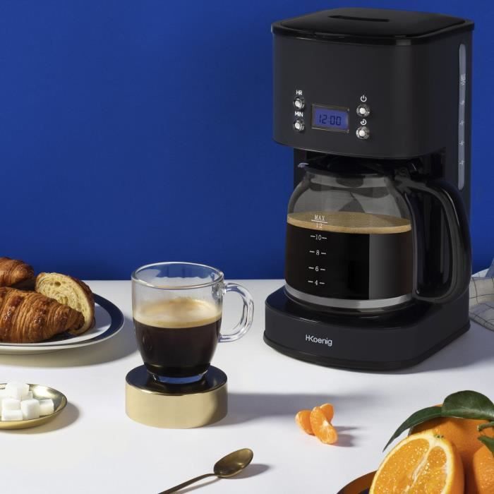 H.Koenig Programmable Coffee Maker - 1.5 L (12 Cups) - 1000 W - LCD Screen - Black and Stainless Steel - MG32