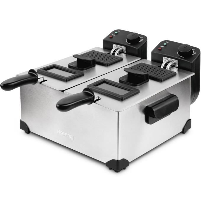 Friteuse HKoeNIG - DFX600 - Double Cuve 2x3L - Thermostats indépendants - Paniers amovibles  - Acier inoxydable - 3600W