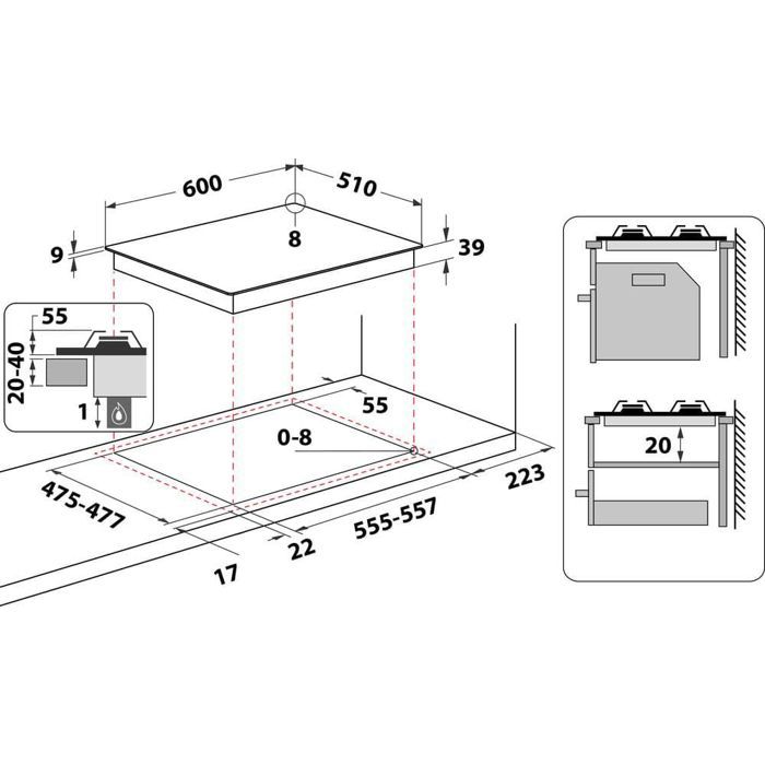 HOTPOINT Gas Hob - 4 Burners - W 60 x D 51 cm - PNN 641 IX