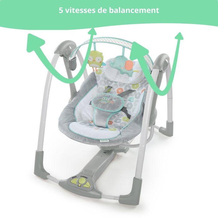 Dank SlimFold lässt sich der Schaukelstuhl einfach mit einer Hand zusammenklappen. Hybridrive™-Technologie, 5 Schaukelgeschwindigkeiten, 8 Melodien, 3 Naturgeräusche.
