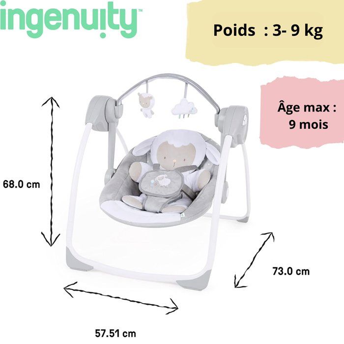 INGENUITY Baby Bouncer, Foldable Electric Swing - Little Sheep, 6 Swing Speeds, 12 Melodies