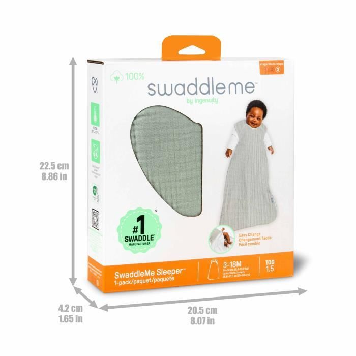 INGENUITY Swaddle Sleeping Bag, Sage Green Cotton, TOG 1,3-18 Months, Oeko-Tex Certified