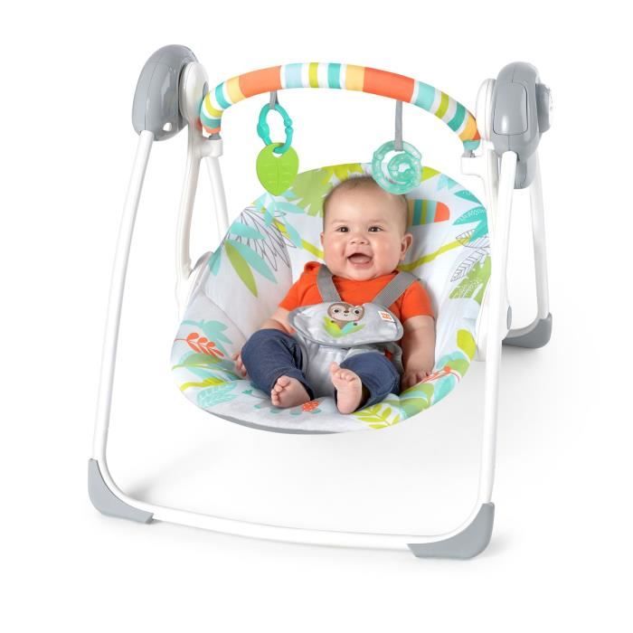 BRIGHT STARS Foldable Electric Baby Swing with Toucan Design, Removable Toy Arch, Swing Settings
