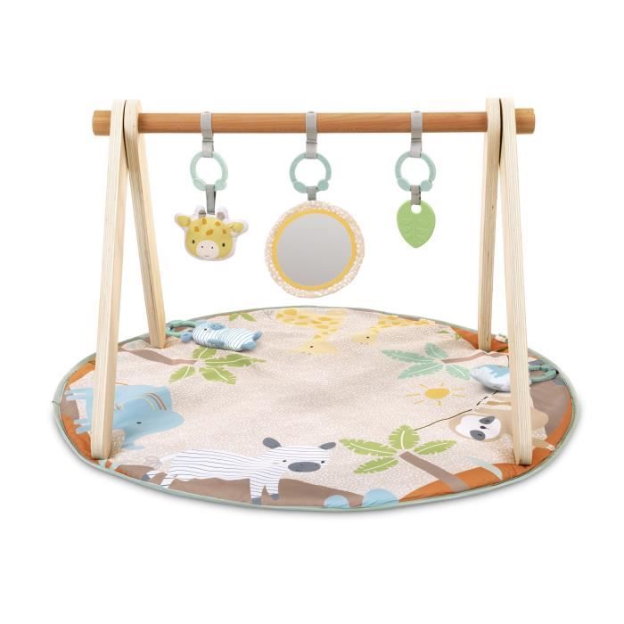 INGENUITY WonderWood Foldable Baby Playmat, Round with Wooden Play Arch, Mirror and Baby Toys