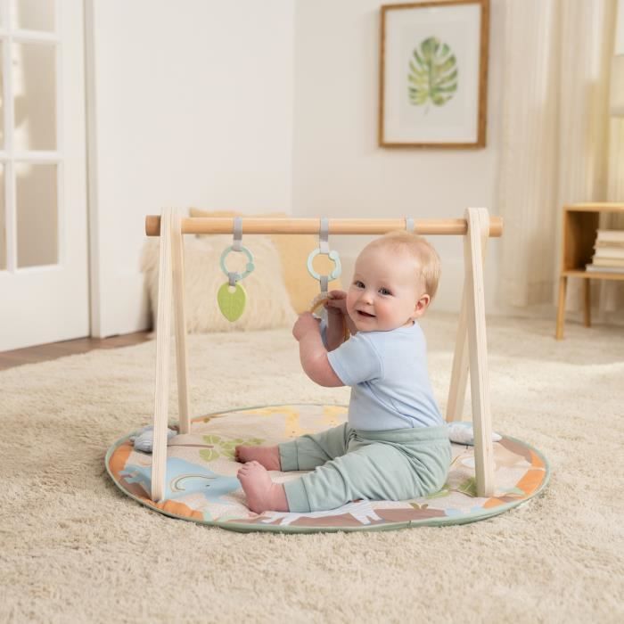 INGENUITY WonderWood Foldable Baby Playmat, Round with Wooden Play Arch, Mirror and Baby Toys