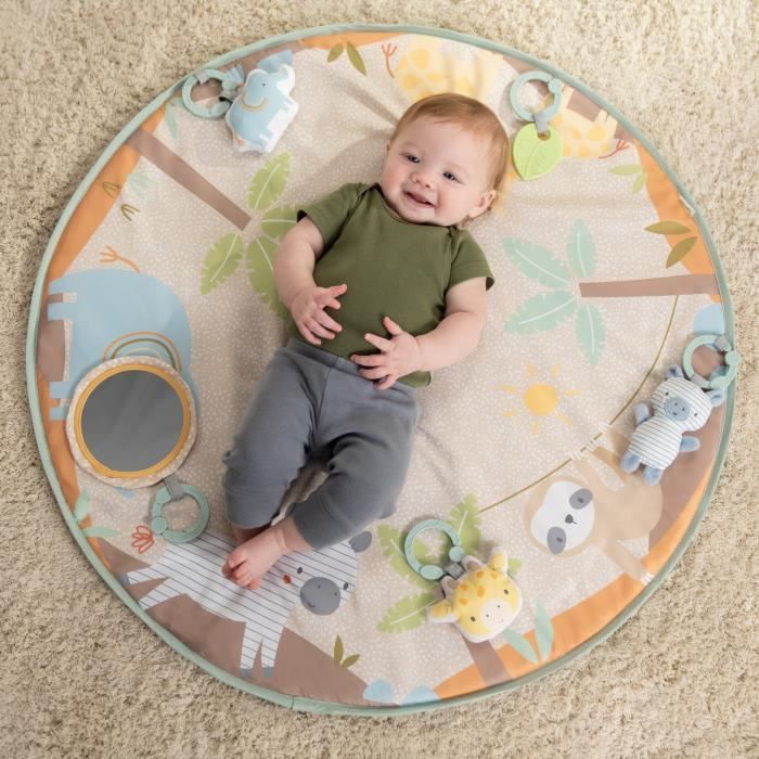 INGENUITY WonderWood Foldable Baby Playmat, Round with Wooden Play Arch, Mirror and Baby Toys
