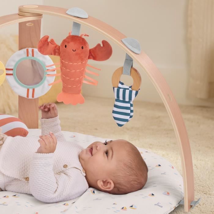 INGENUITY Reversible Baby Playmat - Marine - Foldable Wooden Play Arch, 5 Toys, Mirror, Cushion